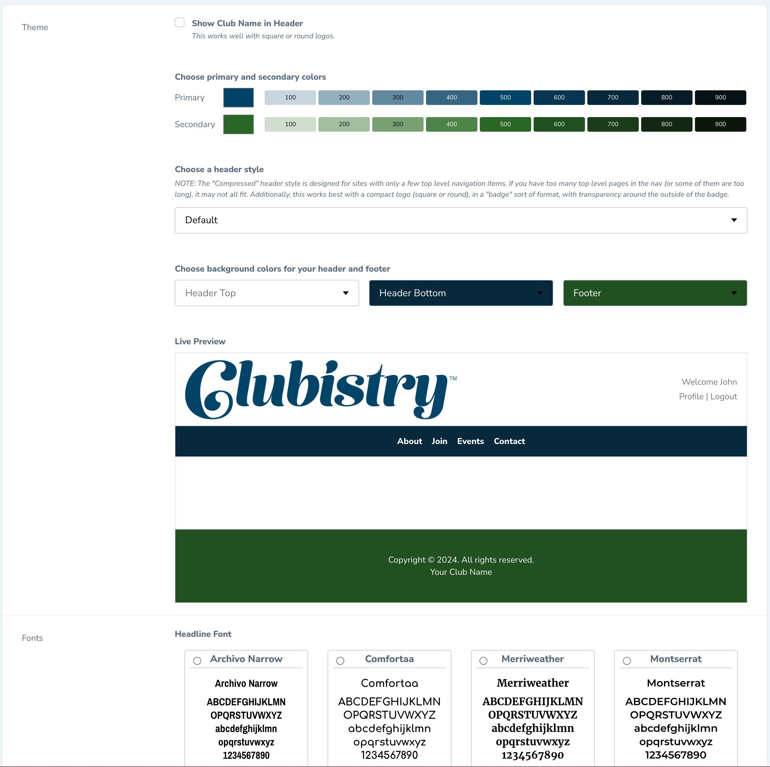 Screenshot showing the new Theme settings on Clubistry.