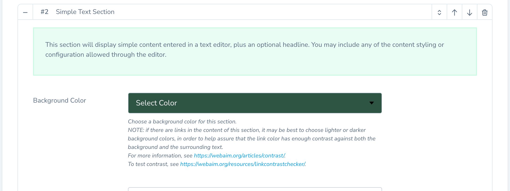 Screenshot showing the Select Color option for Simple Text Section