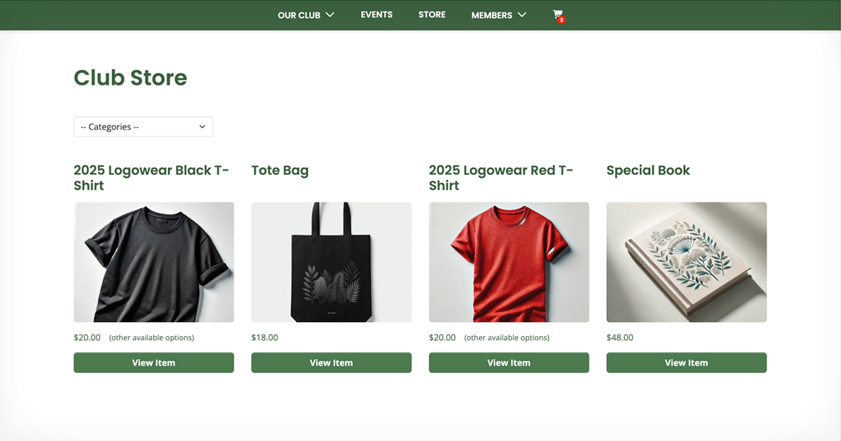 Screen shot of the Store page using Clubistry E-Commerce