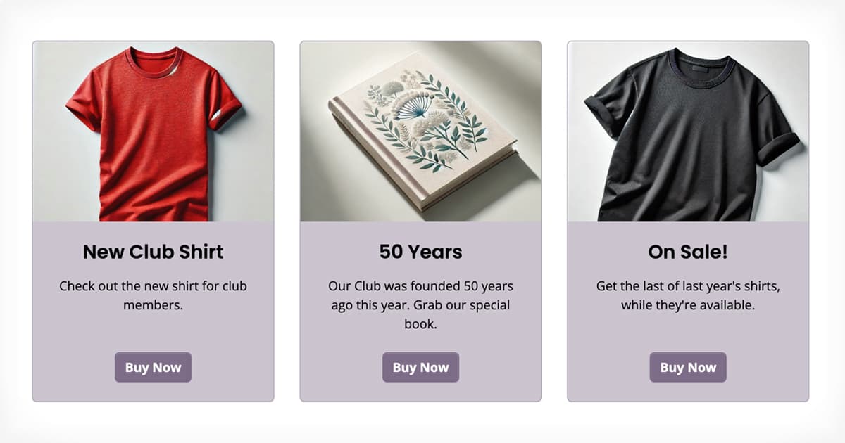 Screen shot of promo blocks pointing to ecommerce items on Clubistry.