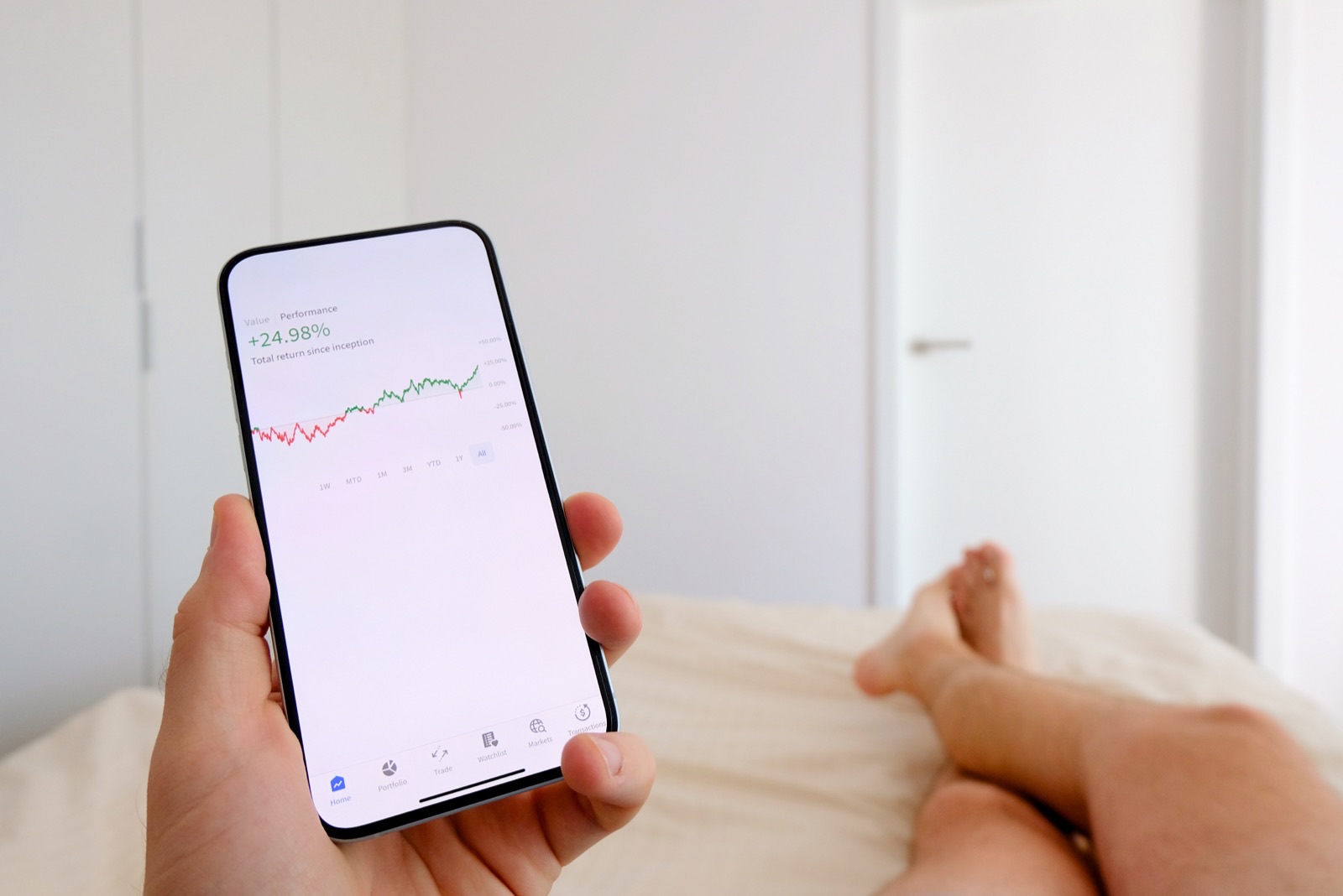 User looking at a phone screen showing a website analytics dashboard.