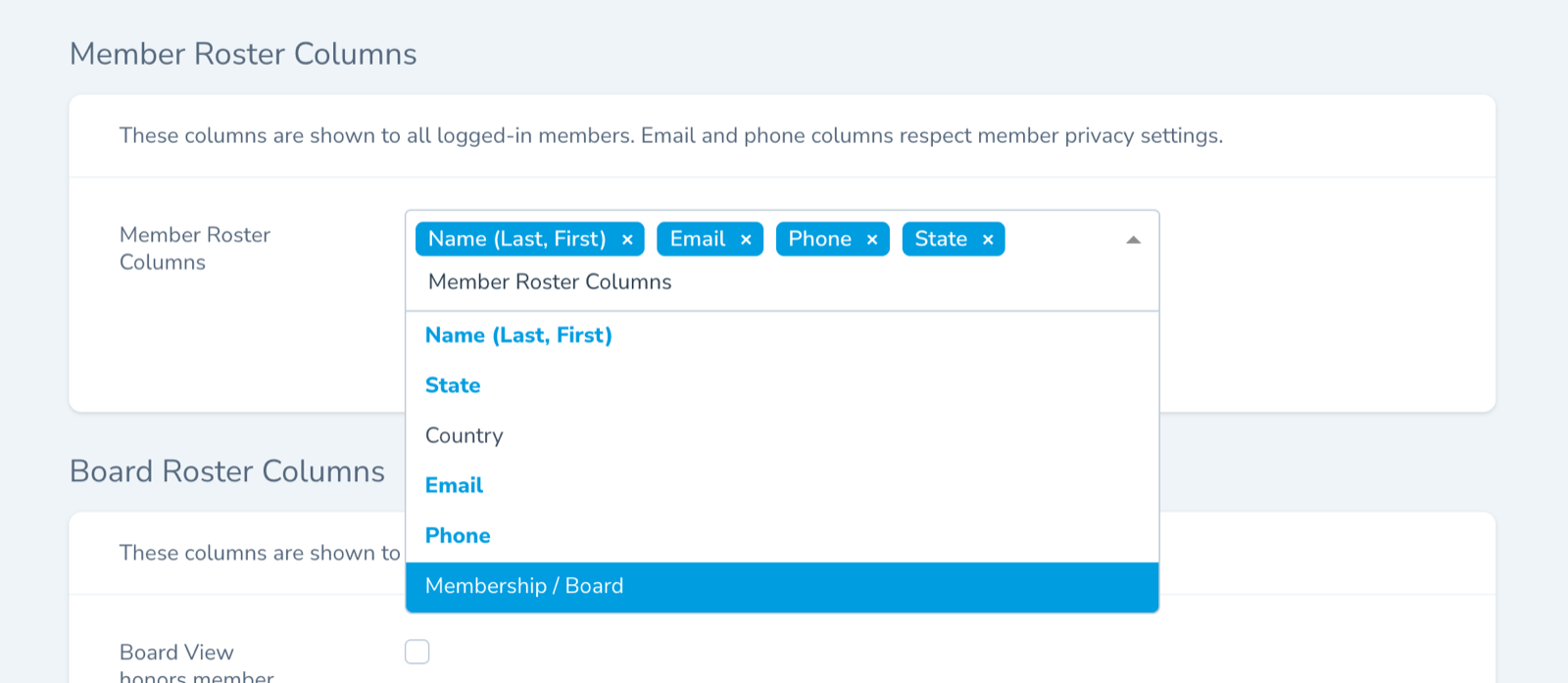 Screen capture of the new Roster Settings panel showing the column picker, with a few columns checked and arranged in a custom order.