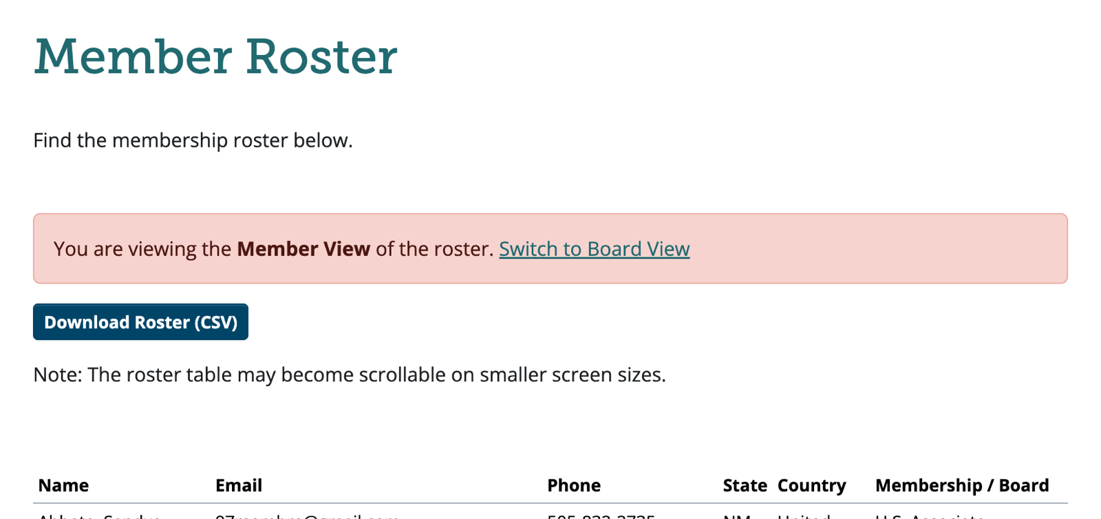 Screen capture of the public roster page on a club site, showing customized columns and the CSV download button.