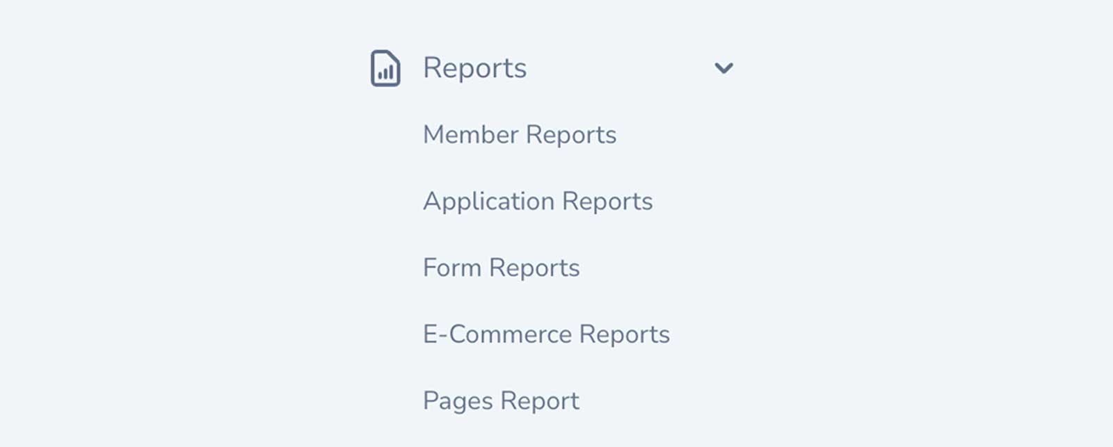 Screen capture of the Reports section in the Club Management Portal navigation, showing the various report types listed.