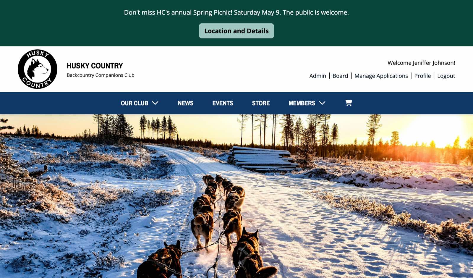 Screen capture of a club site showing a Notice displayed at the top of the page, above or below the header.