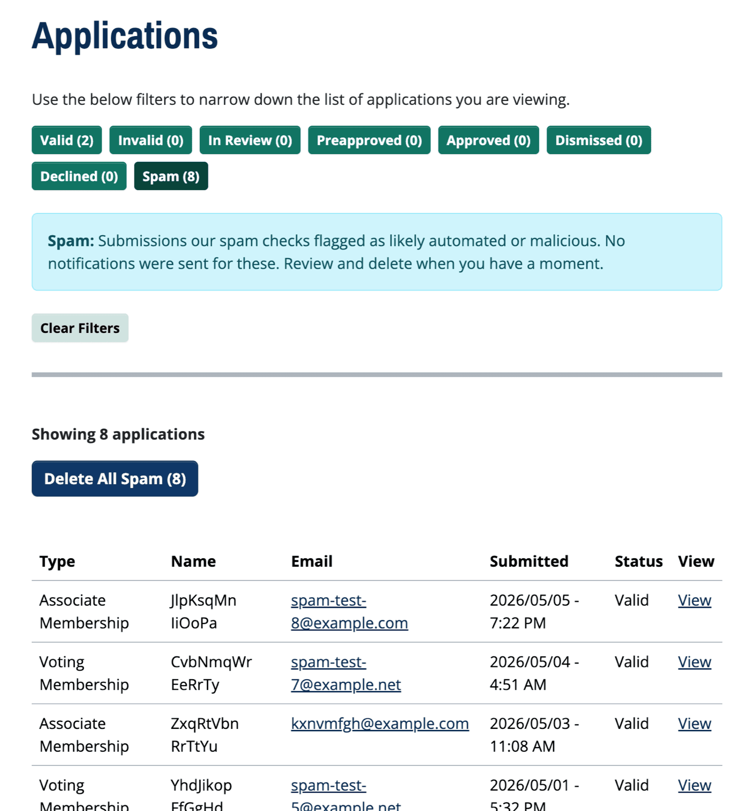 Screen capture of the Applications list showing the new Spam tab at the end of the filter row, with the Delete All Spam button.