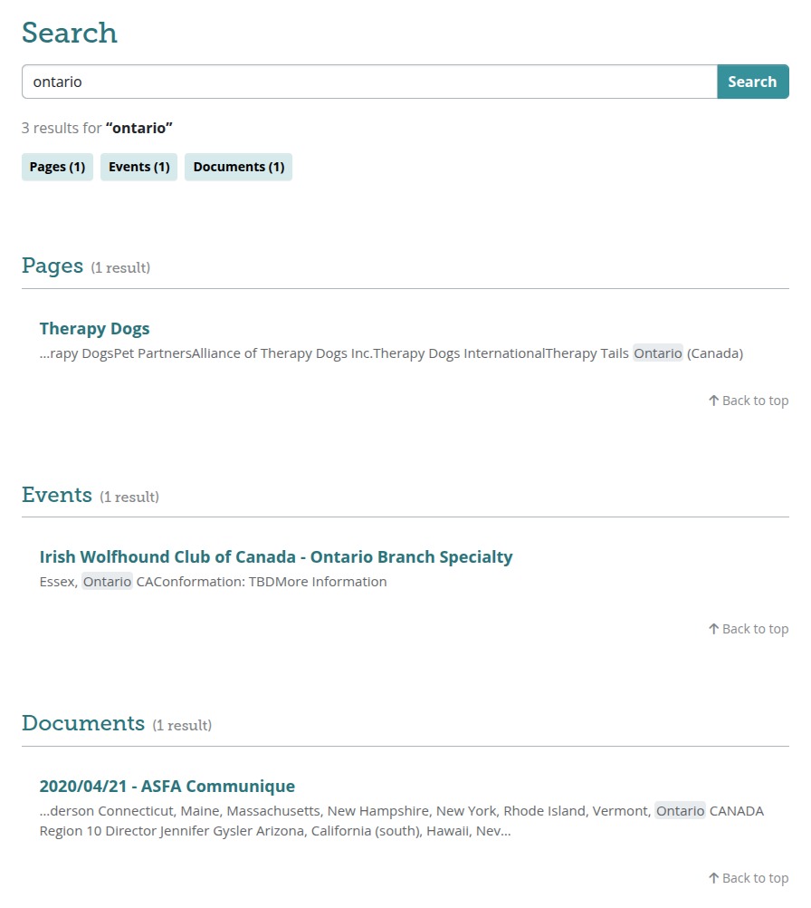 Search results for a single term, grouped into Pages, Events and Documents, each result showing an excerpt with the matched word highlighted.