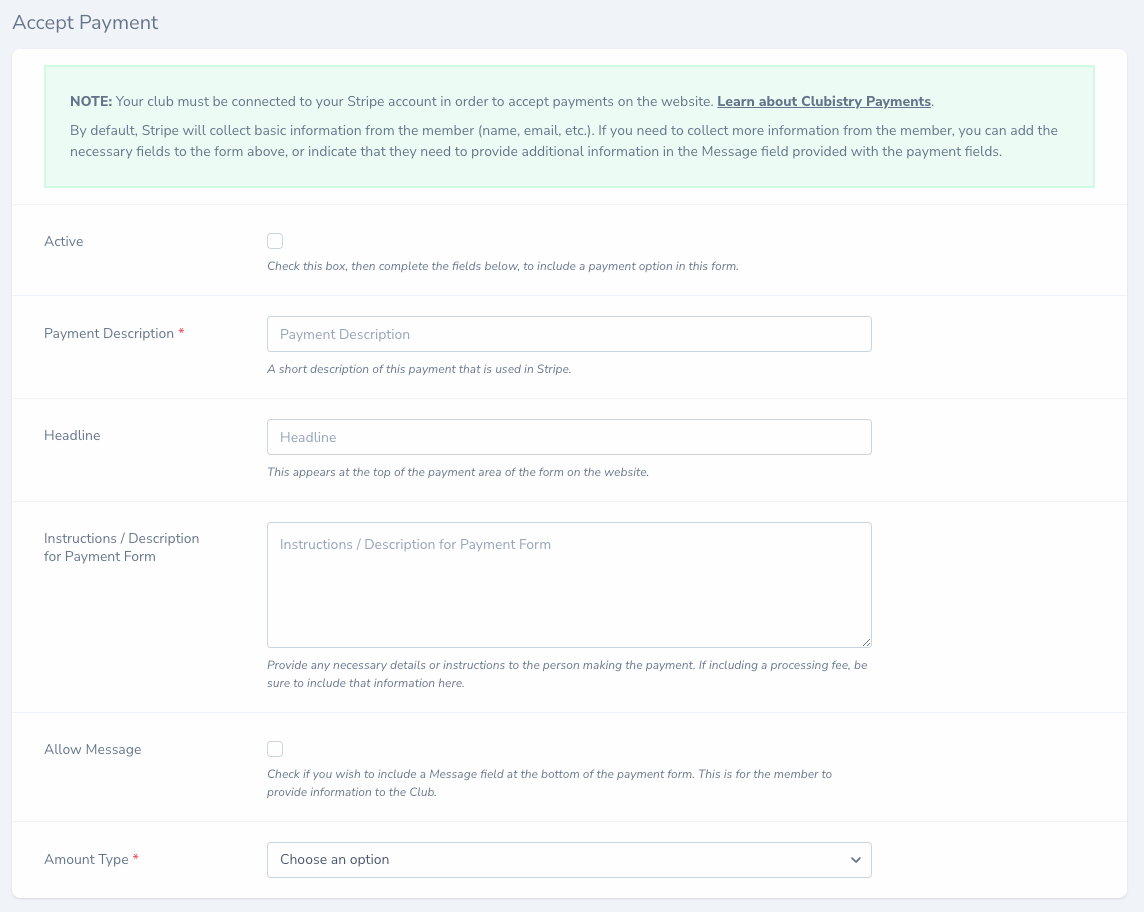 Screen shot showing the options for setting up the new Payment option for Custom Forms.