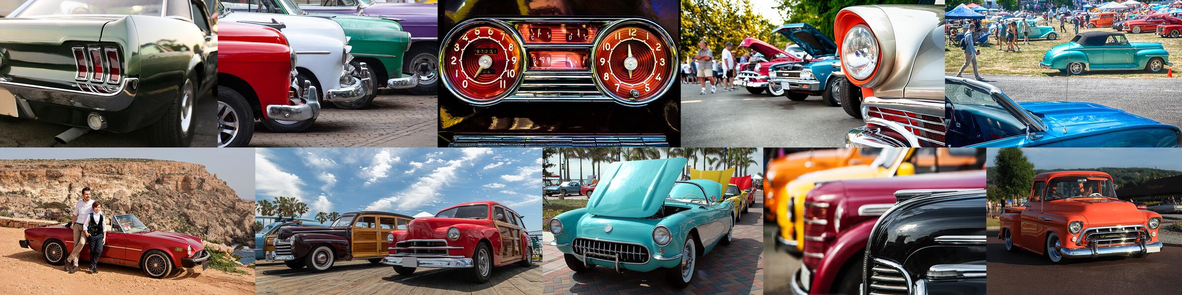 Photo collage of classic and collector cars at club events including car shows, cruise-ins, concours judging, road tours, and swap meets.
