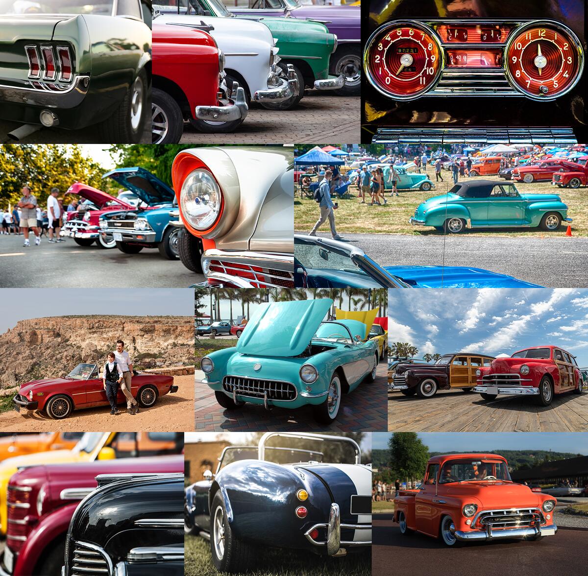 Photo collage of classic and collector cars at club events including car shows, cruise-ins, concours judging, road tours, and swap meets.