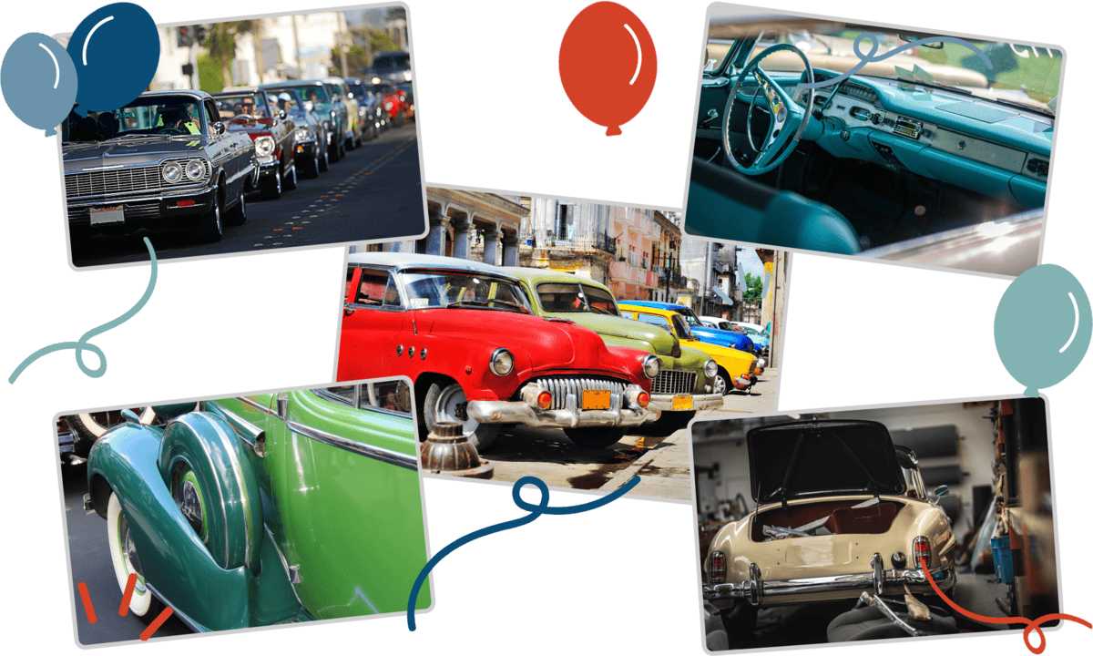 Photo collage of classic and collector cars with illustrated celebratory balloons, representing the marque clubs, regional chapters, and collector car clubs Clubistry supports.