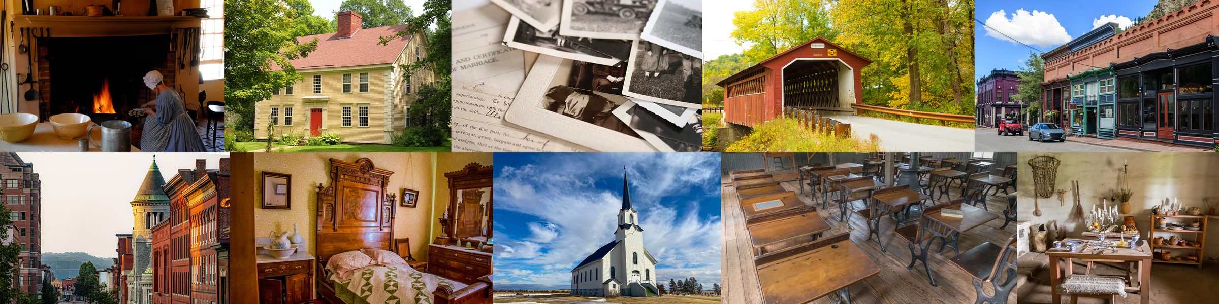 Photo collage of historical society life including a hearth-cooking demonstration, a colonial house, old photographs, a covered bridge, a historic main street, a period bedroom, a country church, and a one-room schoolhouse.