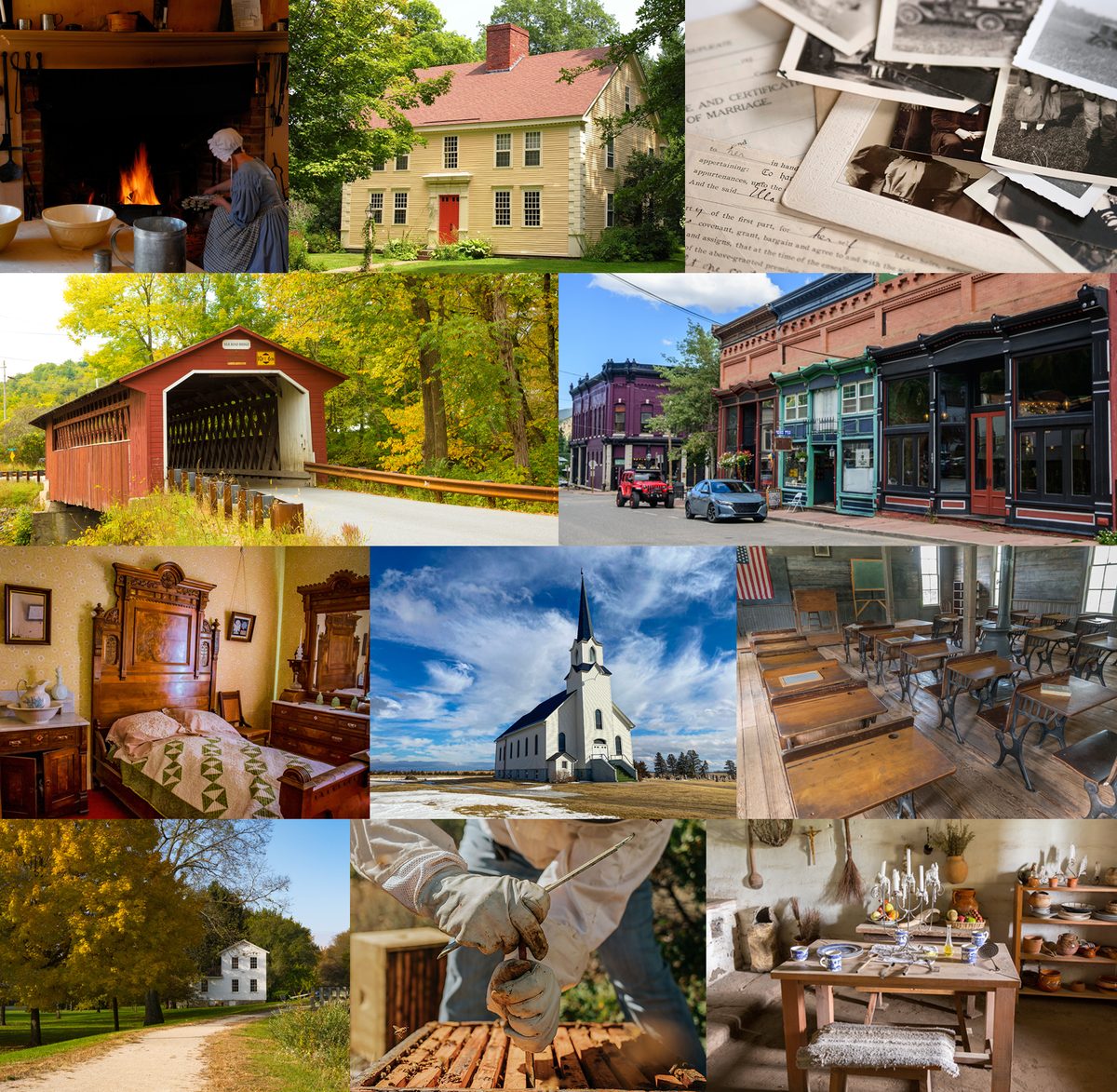Photo collage of historical society life including a hearth-cooking demonstration, a colonial house, old photographs, a covered bridge, a historic main street, a period bedroom, a country church, and a one-room schoolhouse.
