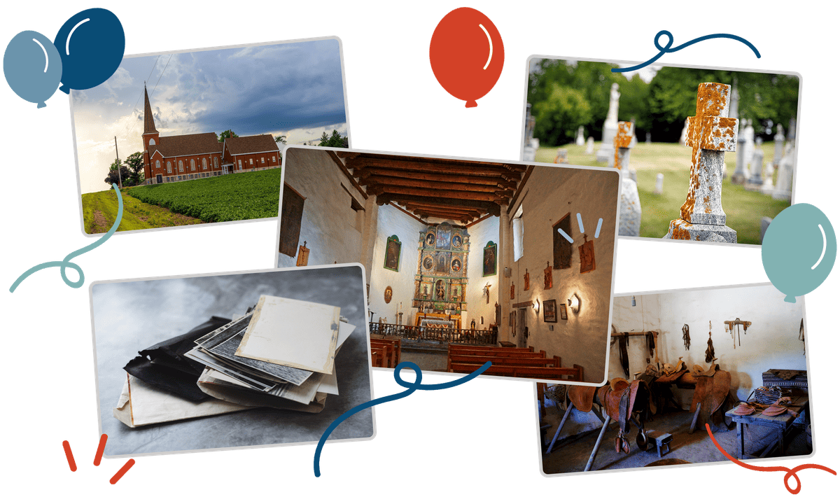 Photo collage of a brick country church, a historic chapel interior, a bundle of old photographs and letters, weathered cemetery headstones, and a pioneer-era tack room, with illustrated celebratory balloons, representing the town, county, and heritage societies Clubistry supports.