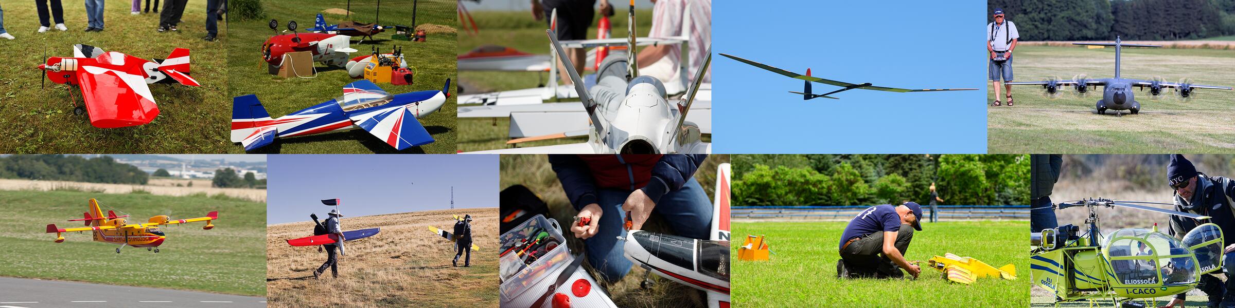 Photo collage of radio-control model aircraft at club events including flying, scale warbirds, gliders, pit preparation, and instruction.