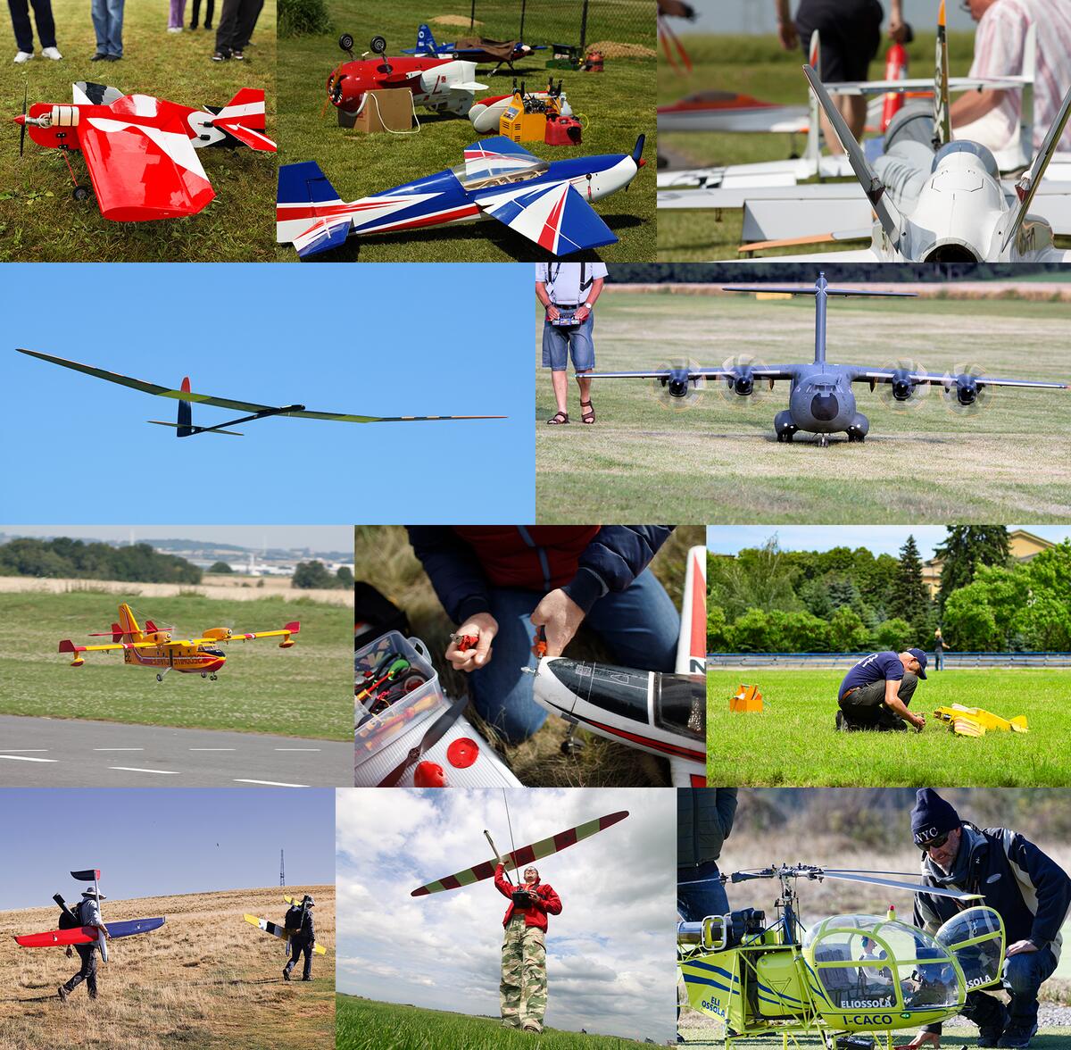 Photo collage of radio-control model aircraft at club events including flying, scale warbirds, gliders, pit preparation, and instruction.