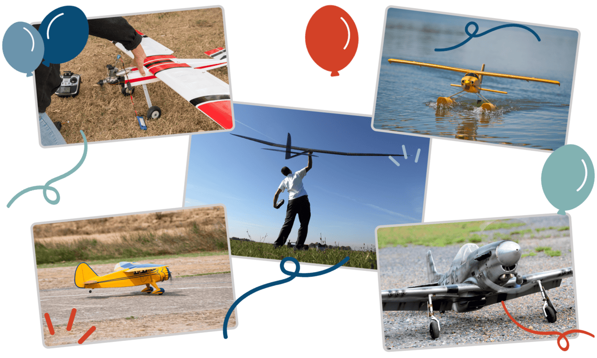 Photo collage of radio-control model aircraft with illustrated celebratory balloons, representing the flying clubs, scale clubs, and glider clubs Clubistry supports.