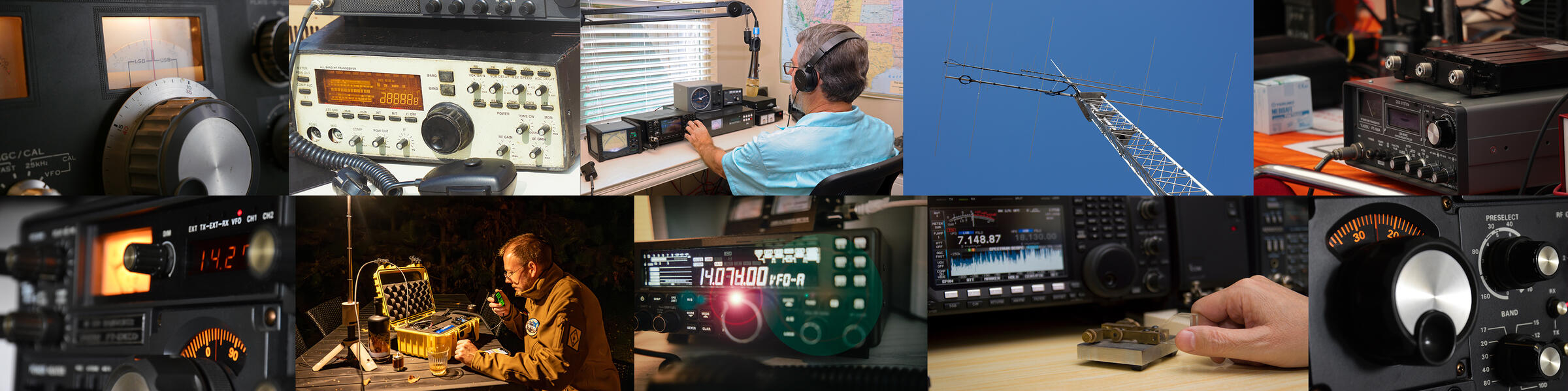 Photo collage of amateur radio operators at club events including operating stations, antennas, Field Day, and Morse code keys.