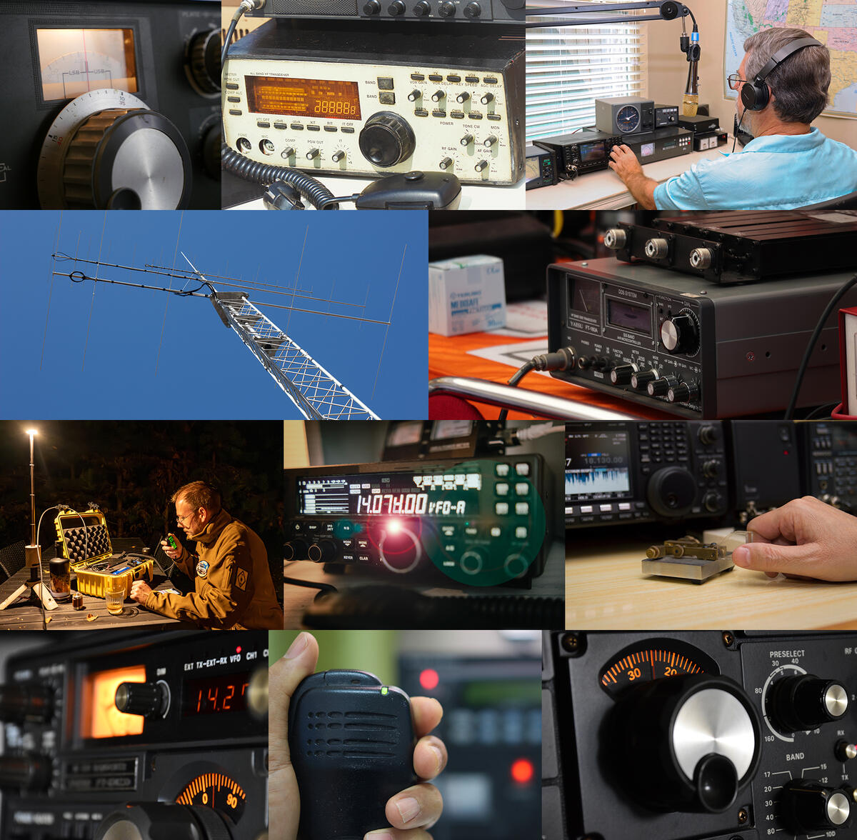 Photo collage of amateur radio operators at club events including operating stations, antennas, Field Day, and Morse code keys.