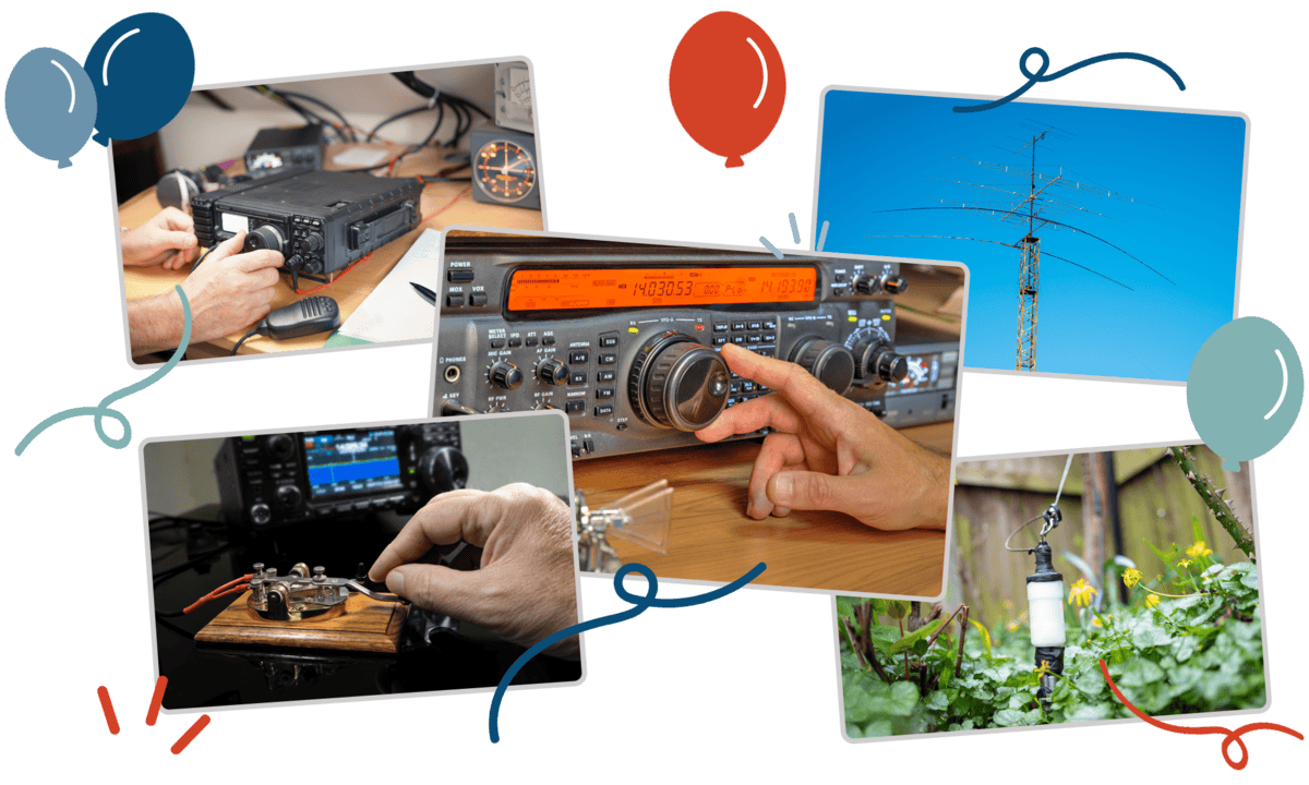 Photo collage of amateur radio operators, transceivers, and antennas with illustrated celebratory balloons, representing the repeater clubs, contest and DX clubs, and emergency-communications groups Clubistry supports.